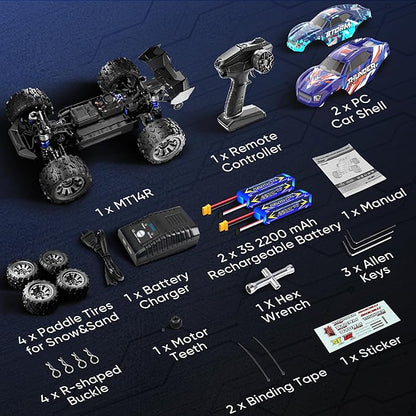 1/14 Brushless RC Cars Fast 50 mph4WD Waterproof All Terrain Truck with 2 Lipo Batteries and 25W Fast Charger4x4 Hobby MTR RC Truck with 3S Battery