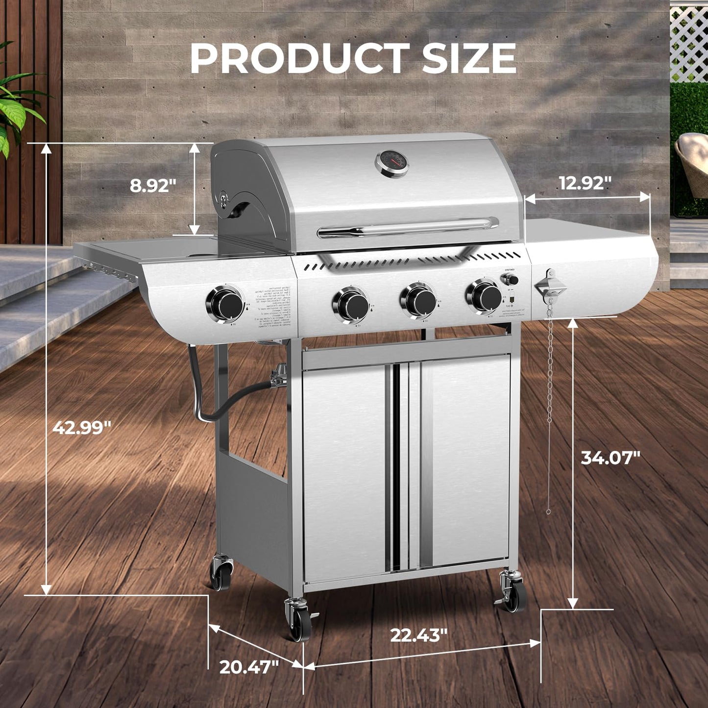 34,000 BTU 3-Burner Propane Gas Grill with Side Burner, All Stainless Steel BBQ Grill, Cast Iron Grates & Portable Cart with Wheels，Outdoor Barbecue Grill for Backyard, Patio, Camping (G31 PRO)