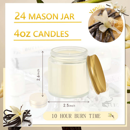 Cmoott 24 Pcs 4 Oz Mason Jar Candles, Vanilla Scented Soy Candles Bulk Set for Stress Relief and Relaxation, Great Favors for Wedding, Christmas, Housewarming Gifts (Gold, Vanilla, 24)