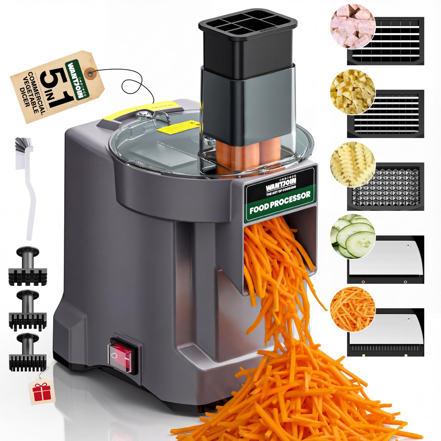 WantJoin 5 in 1 Electric Vegetable Chopper - Multifunctional Commercial Food Processor with Stainless Steel Blades for Slicing(2.5mm), Dicing(8/12mm), Shredding, Chopping(2.5mm)