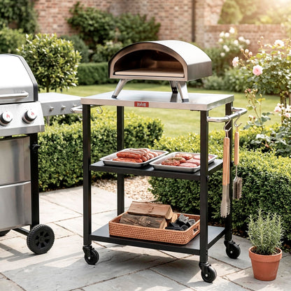Feasto 3-Tier Outdoor Grill Cart, Rolling Pizza Oven Table with Compact 26.6" x 16.1" Stainless Top for Pizza Ovens & Griddles, Outdoor Bar Cart with S-Hooks for Patio Parties, Deck Dining & Camping