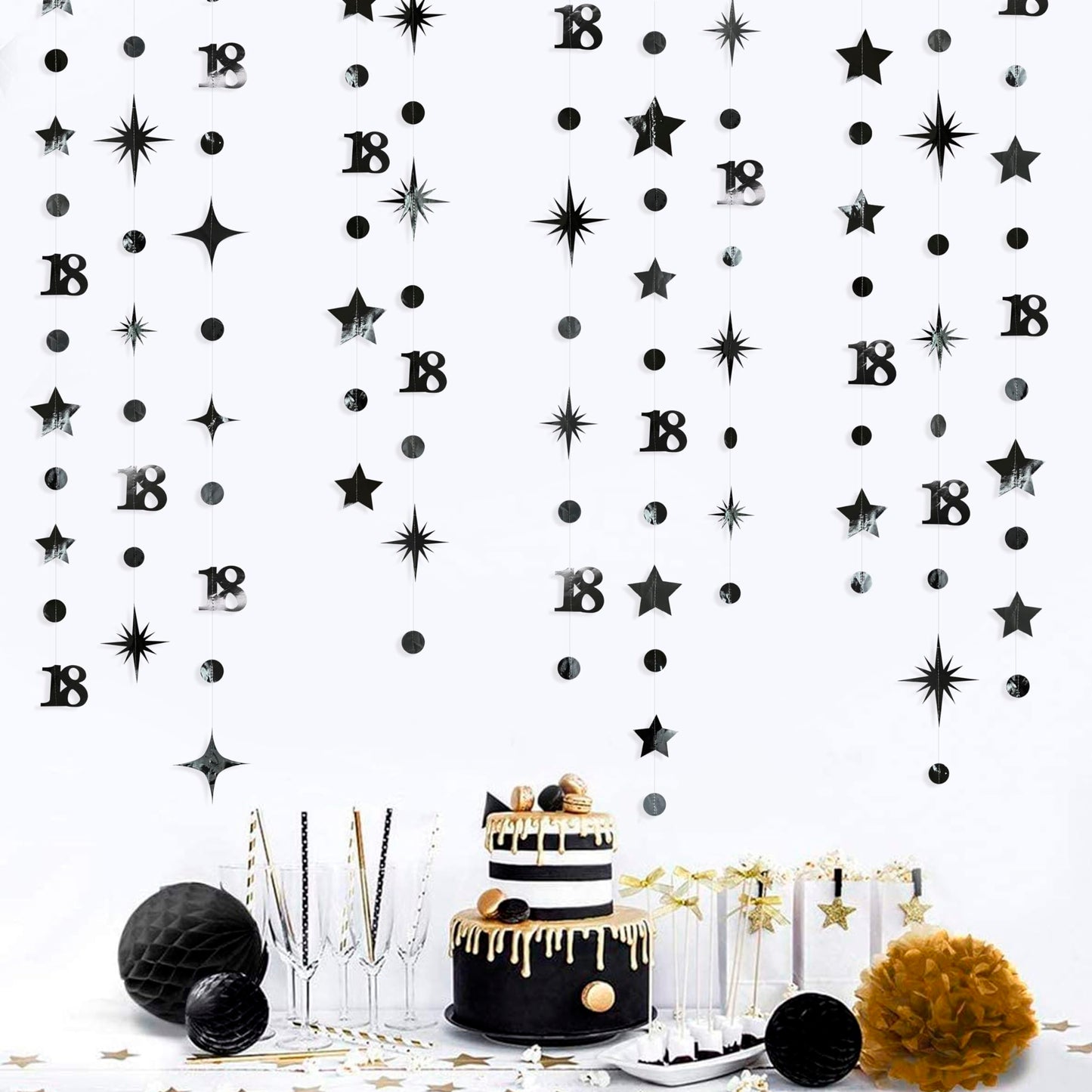 Black 18th Birthday Decorations Number 18 Circle Dot Twinkle Star Garland Metallic Streamer Banner Backdrop for Girls Boys Happy 18th Birthday Time to Adult Cheers to 18 Years Old Anniversary Party
