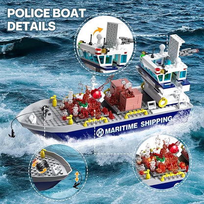 City Floating Boats Building Set Police Boat and Fire Rescue Boat Compatible with Lego Ship City STEM Building Toys Ideal Gift for Kids Boys Girls 6 7 8 9 10 11 12