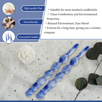 Flowers Printed Spiral Candles Unscented Blue Twisted Candlestick Smokeless Set of 2 Long Taper Candle 10 inch Twisted Candle Sticks Tapered Candles for Home Wedding Dinner Holiday Party