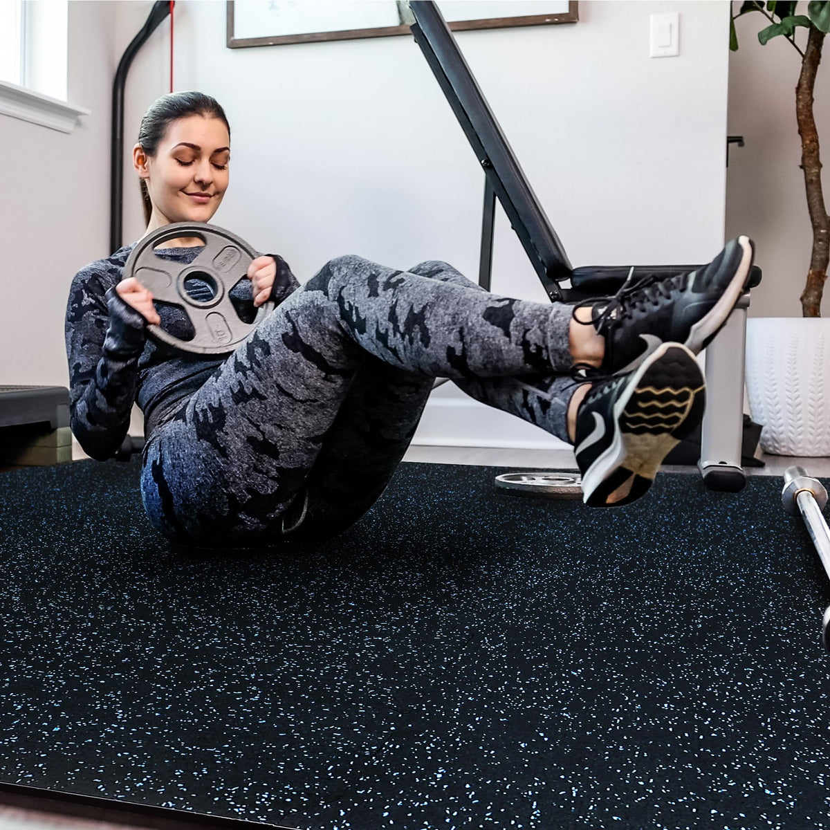 SUPERJARE 0.4'' Thick 12 Pcs 48 Sq Ft Rubber Top Exercise Equipment Mats, High Density EVA Foam Mats with Rubber Top, Interlocking Gym Flooring for Home Gym, Protective Workout Mat, Black/Blue