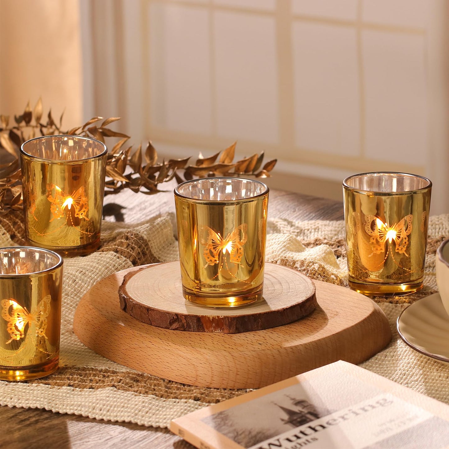 Gold Votive Candle Holders Set, 12 PCS Tea Lights Holder Decorative Bulk with Butterfly Pattern, Candle Holders for Wedding Table, Birthday, Home Decor, Party Supply