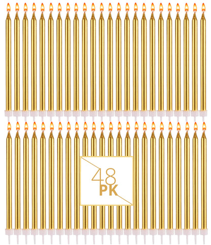 Bundaloo Gold Birthday Candles for Cake - Set of 48 with Plastic Holders - 5.5" Long, 0.20" Thickness