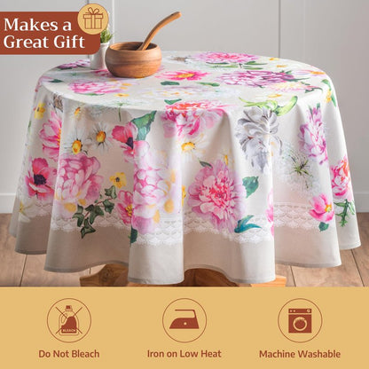 Maison d' Hermine Table Cloth Round Table 100% Cotton 69 Round Inches Tablecloth Reusable Decorative for Dining Kitchen Room Farmhouse Home Gifts for Mothers Day Spring Summer - Pivoine