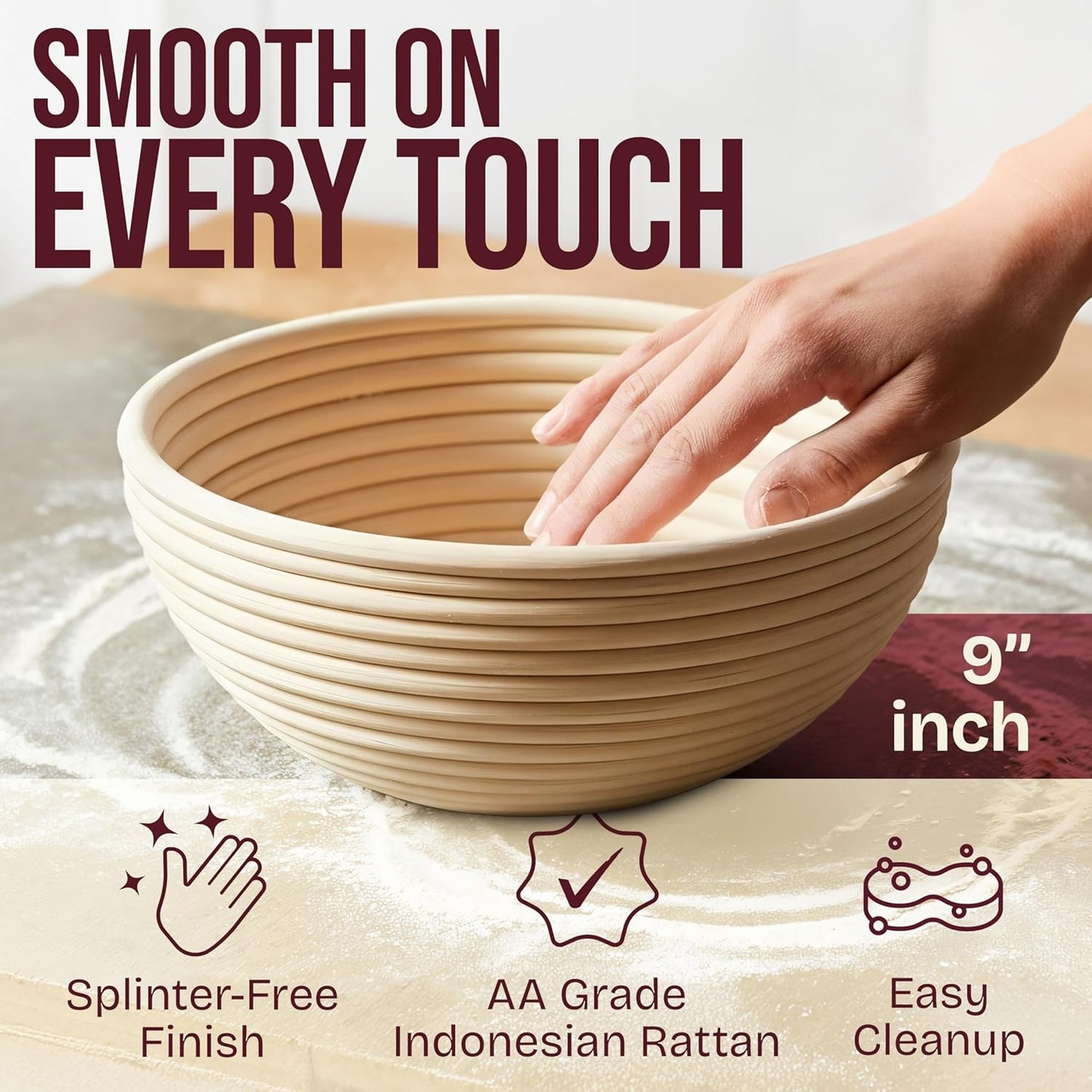 Superbaking Banneton Bread Proofing Basket Set - 9" Round Rattan with Liners for Perfect Sourdough Baking