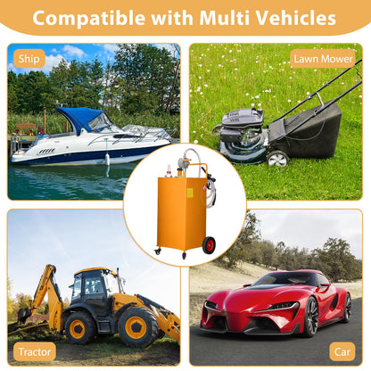 35 Gallon Portable Fuel Caddy with Manual Pump, Heavy Duty Mobile Fuel Transfer Tank On 4 Wheels, Gasoline & Diesel Storage Container for Trucks, Boats, ATVs, Lawn Mowers, Farm Equipment - Orange