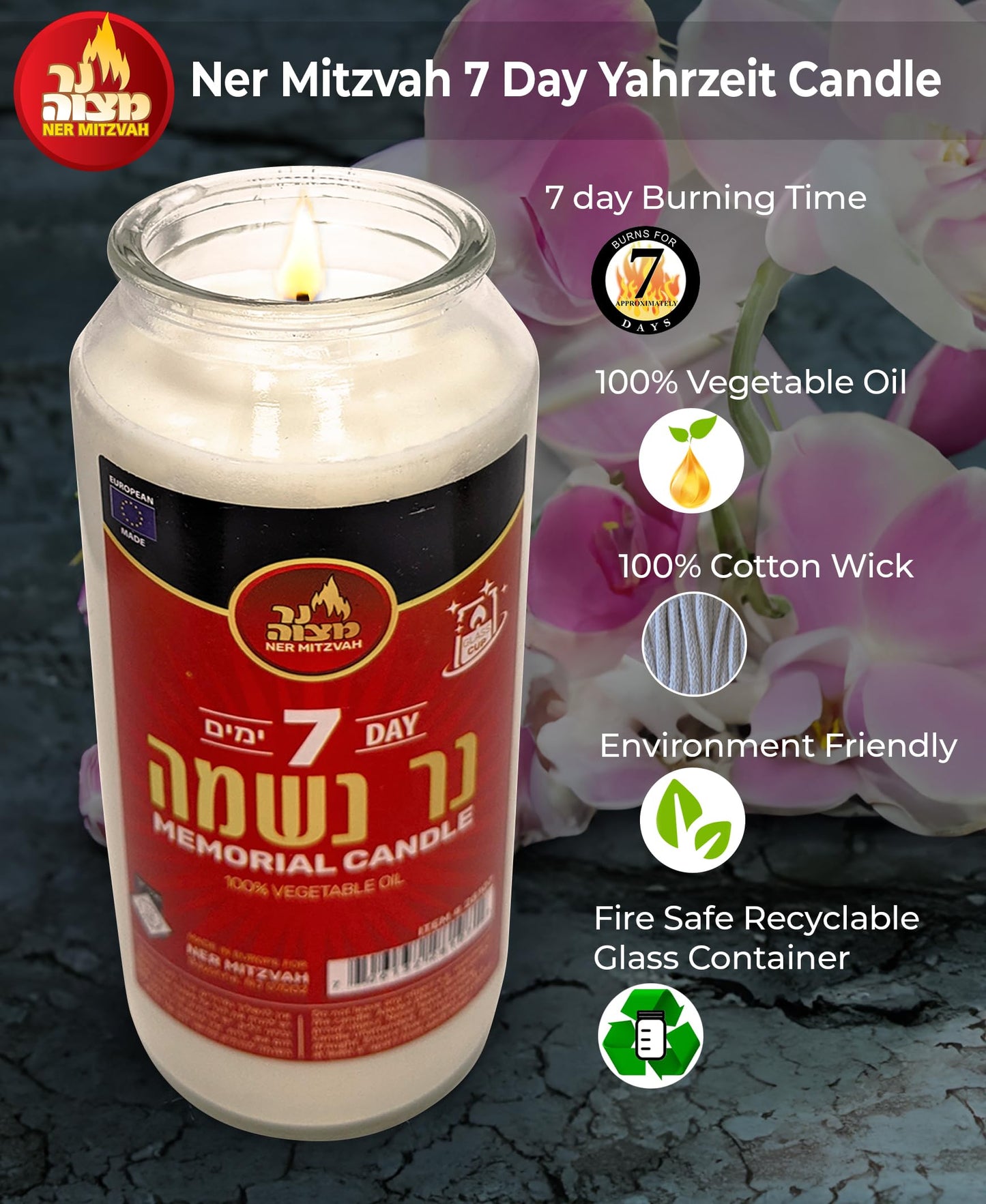 Ner Mitzvah 7 Day Yahrzeit Candle - 3 Pack Kosher White Yahrzeit Memorial Candles - Yom Kippur and Holiday Candles in Glass Jar - 100% Vegetable Oil Wax Prayer Candle
