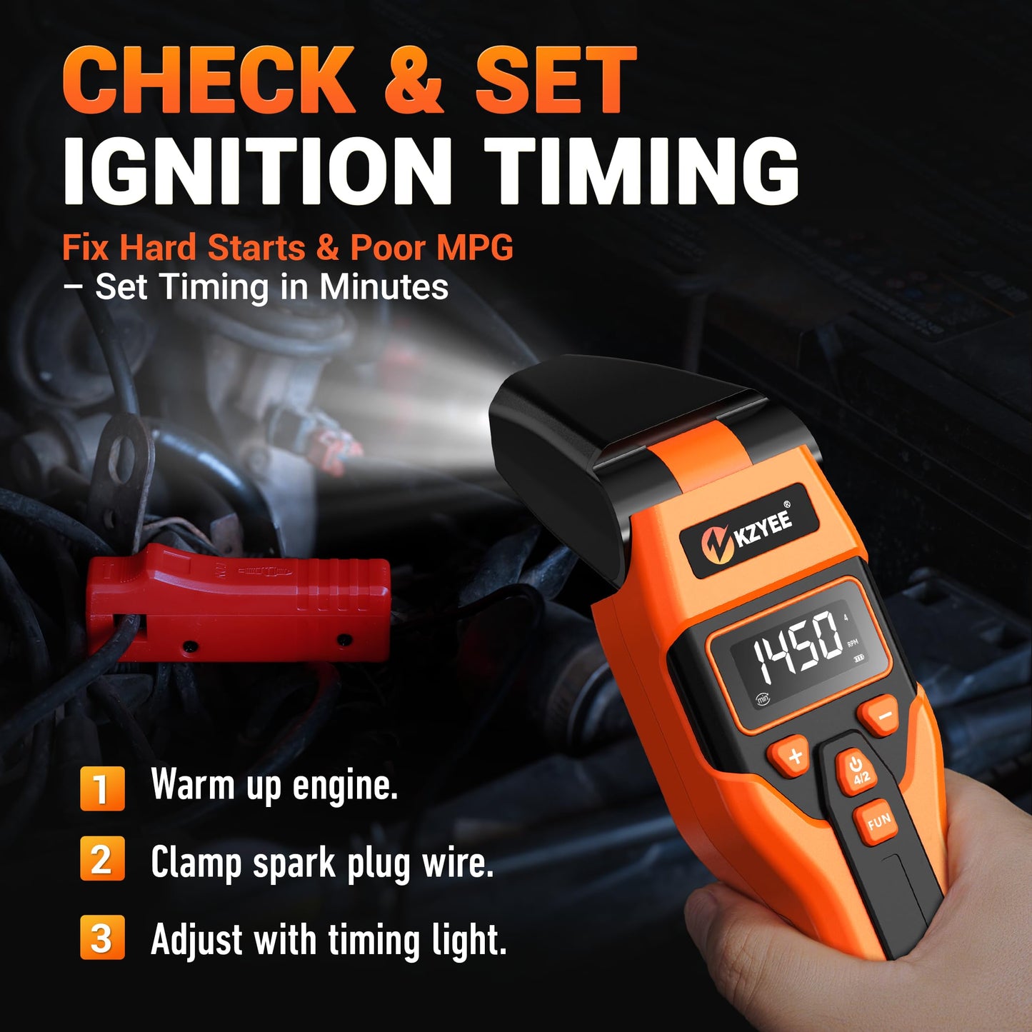 KZYEE KT80 Automotive Inductive Timing Light with Tachometer (RPM), Advance, Dwell Meter & 0-35V Voltage Test, 60° Adjustable LED Strobe, USB-C Rechargeable & 12V Backup, for Distributor Gas Engines