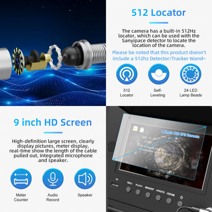 Sanyipace Sewer Camera 328FT/100M with 512Hz Transmitter, Self-Leveling, Drain Plumbing Pipe Inspection Camera with Mic Speaker, DVR Recorder, 16GB TF Card, 9mm Rigid Cable, Pipe Pulley Guide Wheel