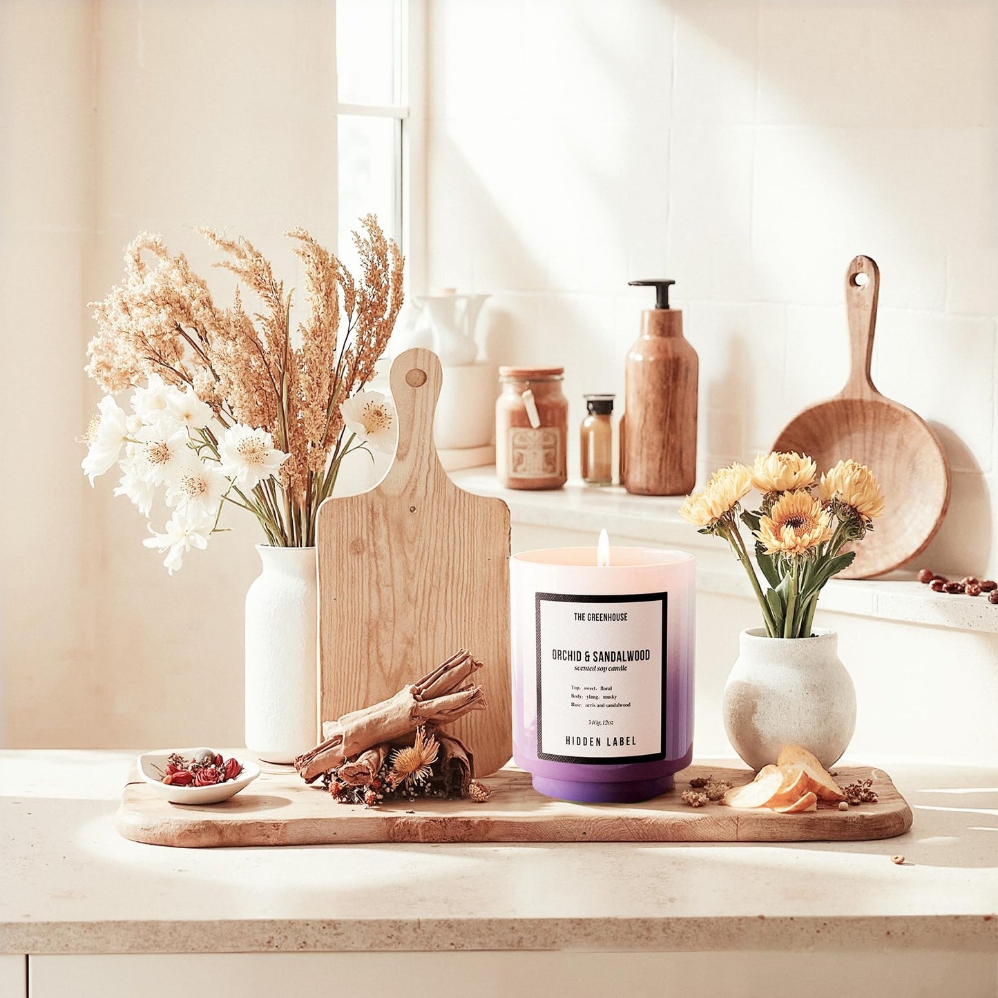 Hidden Label Orchid & Sandalwood Candle, 12oz Natural Soy Wax Non Toxic, 75H Long Lasting Aromatherapy Candle, Essential Oil Jar Candles for Home Scented, Pretty Stress Relief Meditation Gift for Her