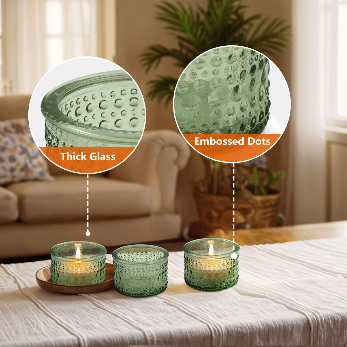 JOYIT Green Votive Candle Holders Bulk Set of 4, Tealight Candle Holder for Wedding Table Centerpiece, Glass Small Candle Holders for Birthday Party, Valentine's Day, Home Decor (2''X 1.4'')