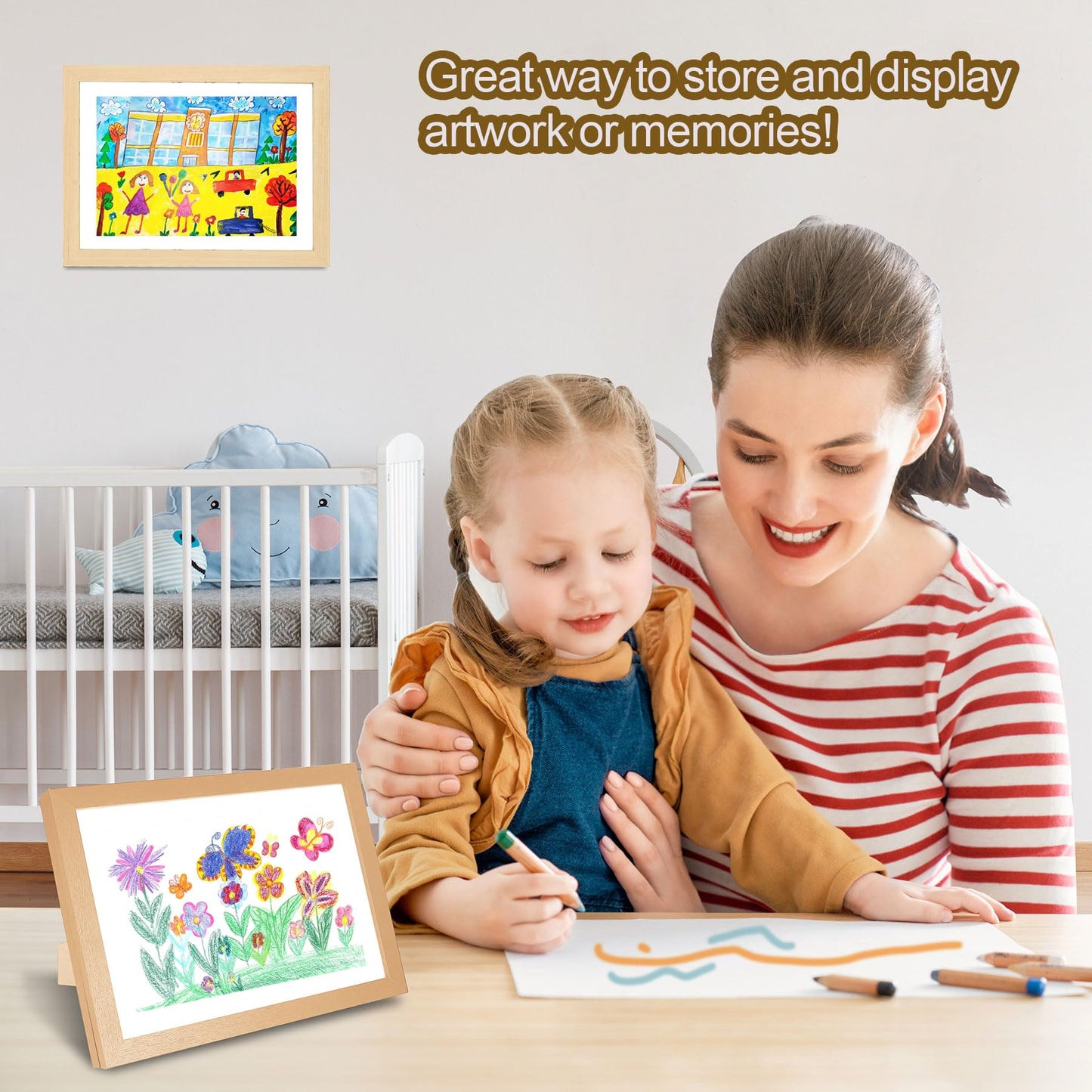 UBeesize 9.5x13 Kids Art Frame - A4 Artwork Display Kids Art Frames Front Opening Holds 50 - Changeable Picture Display 8.5x11 Without Mat and 6.1x9.6 With Mat -Storage Frames with Easel Back(Wood)