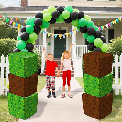 6Pcs Large Pixel Mining Party Inflatable Building Blocks Video Game Party Decorations Pixel Mining Theme Birthday Inflatable Blocks Video Gaming Centerpieces Boxes for Kid Teen Gift Favor Supplies
