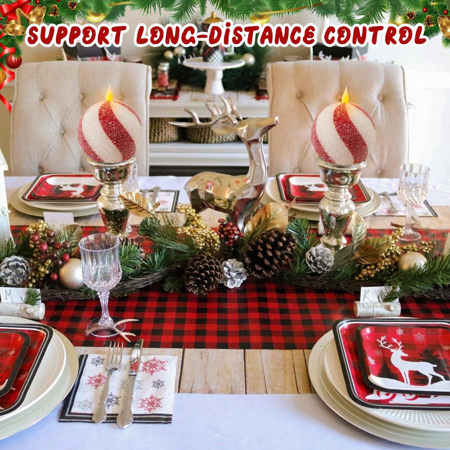 Christmas Sphere Candy-Cane Flameless Candles - Glitter Red&White Real Wax Flickering Ball Candles Battery Operated with Remote, Candy Cane Christmas Decorations, Xmas Tables Centerpieces Decor, 2PCS