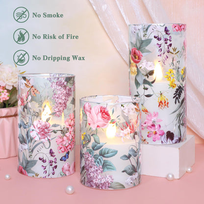 CRYSTAL CLUB Floral Glass Flameless Candles Battery Operated with Remote, Realistic LED Flickering Pillar Candle for Wedding, Home Decor