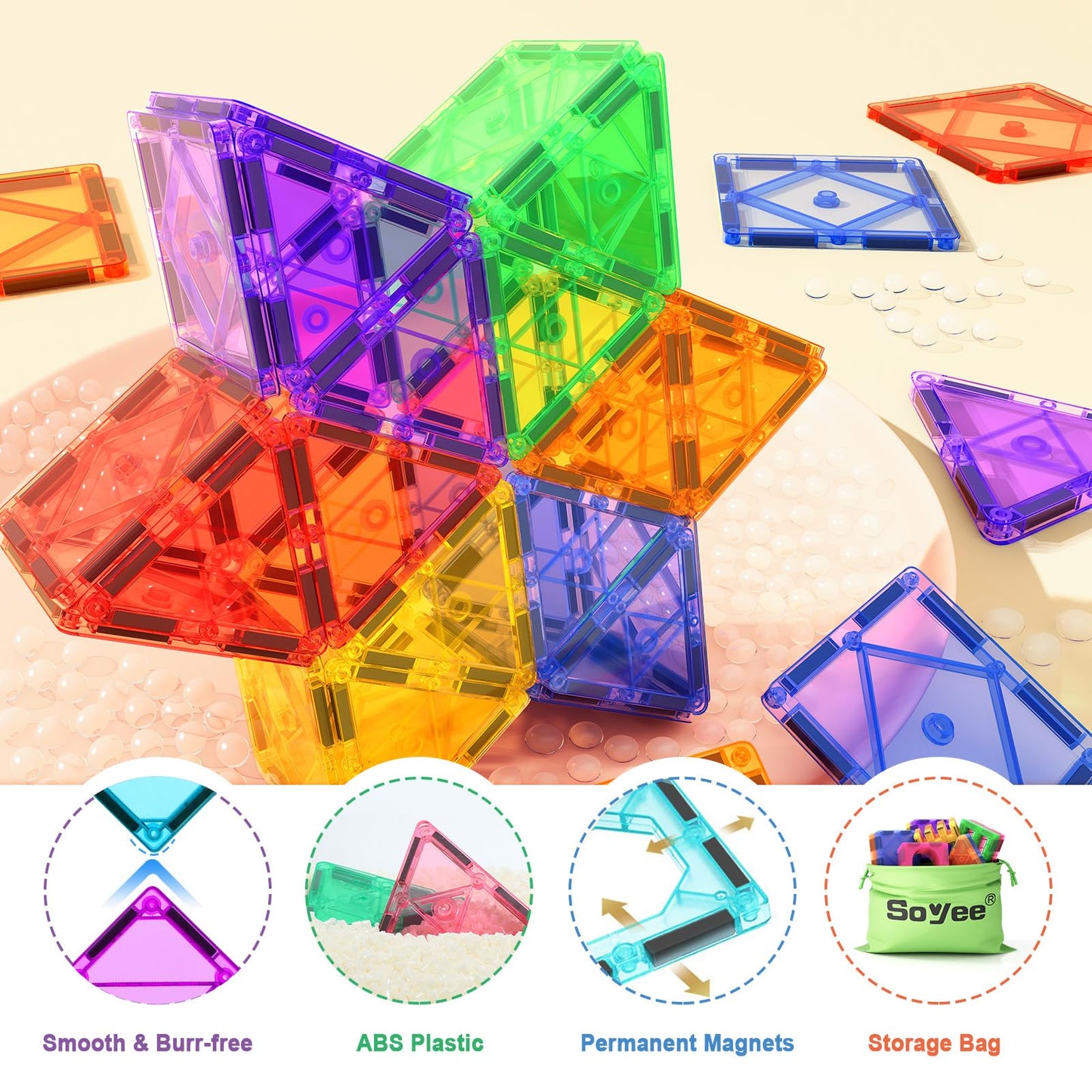 52PCS Magnetic Tiles Toys for 3 Year Old Boys and Girls Magnetic Building Blocks STEM Learning Toys Sensory Montessori Toys for Toddlers Kids