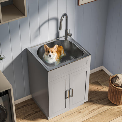 ANCTOR 24 Inch Laundry Sink with Cabinet, Stainless Steel Utility Sink Cabinet with Pull-Out Hot/Cold Faucet Metal Hooks Freestanding Deep Utility Sink for Laundry Utility Room Kitchen Garage