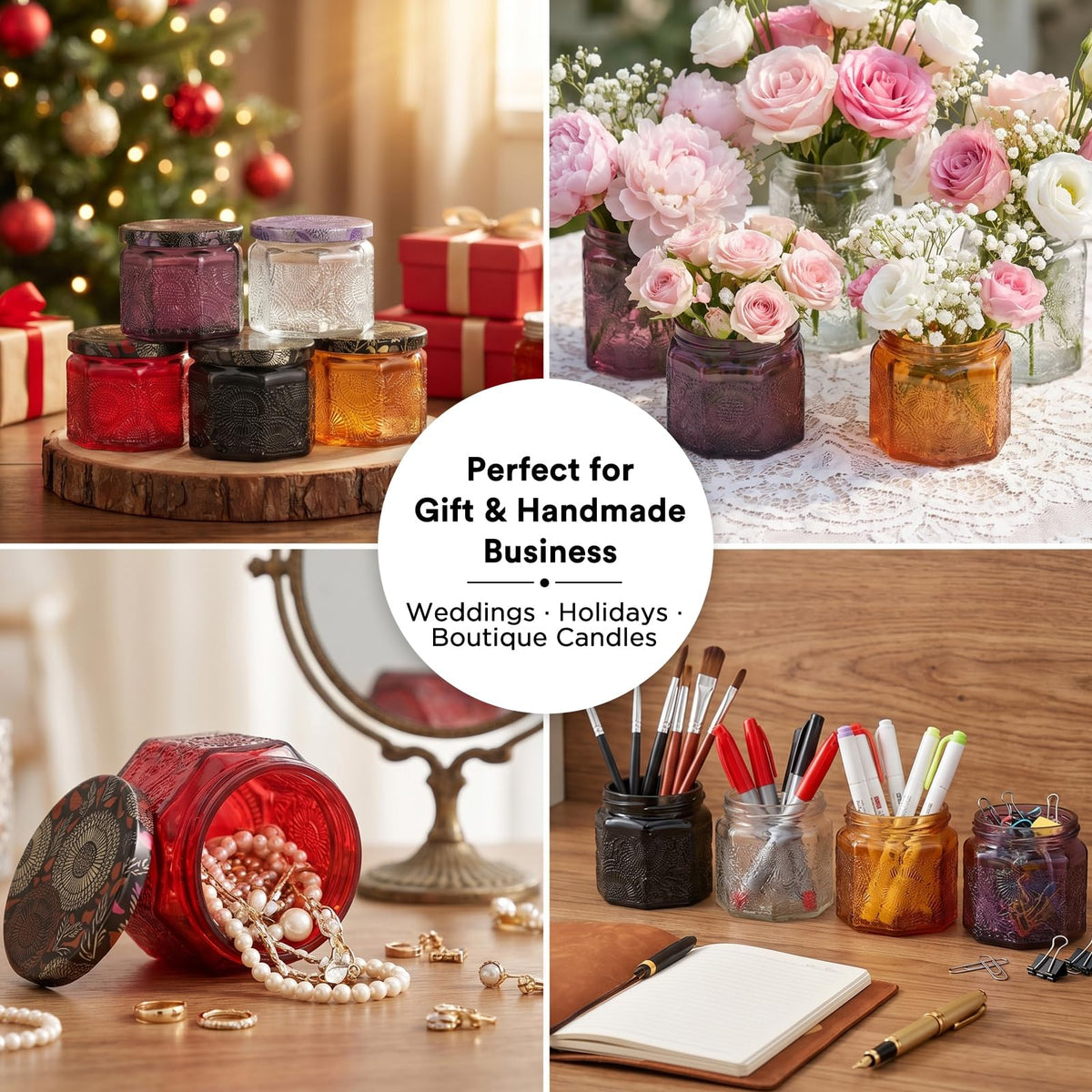 12 Pack 4oz Glass Candle Jars with Lids, Hexagon Embossed Candle Making Containers, Empty Candle Jars with 20 Wicks & Labels for DIY Candle Making, Party Favors, Home Decor