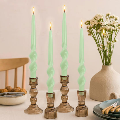 Green Taper Candles Spiral Smokeless Tapered Candles Long Twisted Candlesticks Unique Unscented Candle for Wedding Dinner Party Home Decoration