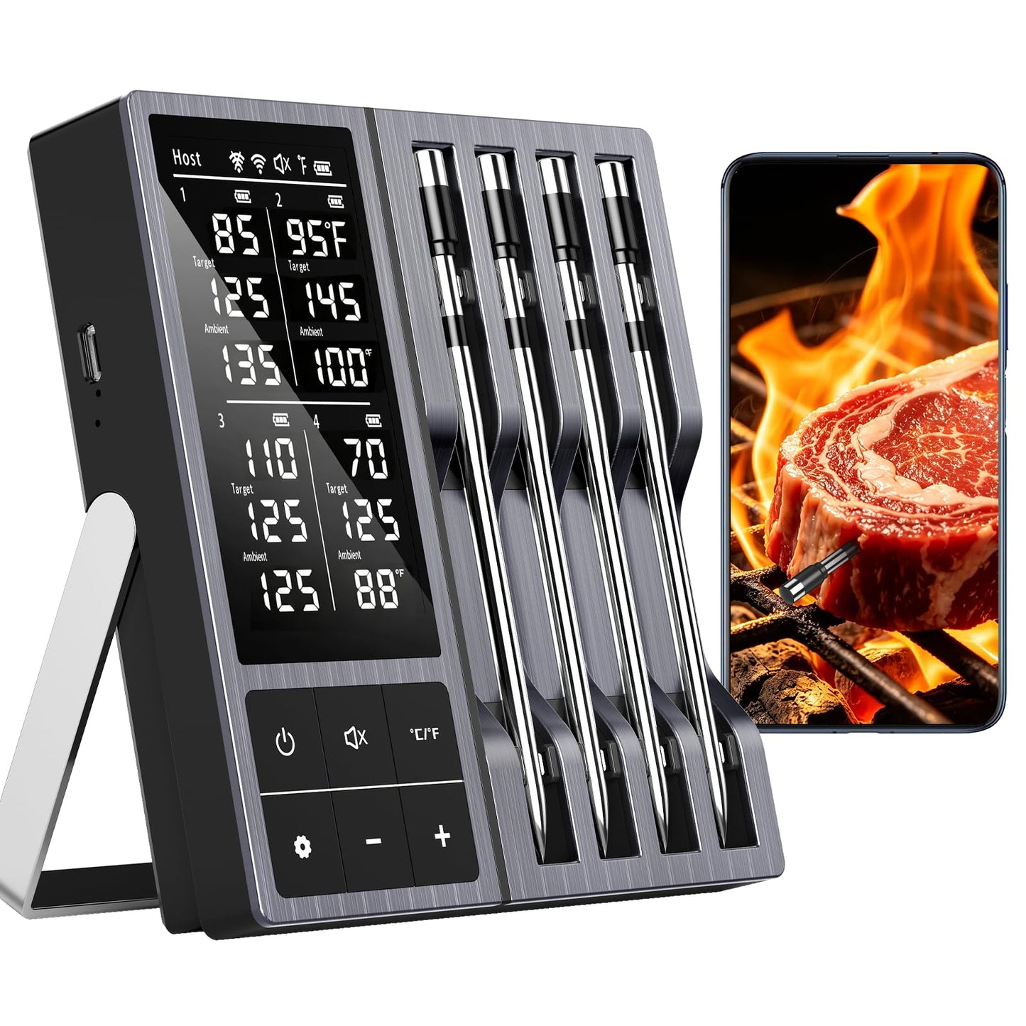 TASTYTI Wireless Meat Thermometer Digital with 4 Probes - 800FT Bluetooth Food Cooking Thermometer, Dual Sensors with NIST Certified Accuracy, Standalone Base for Kitchen Grill BBQ Oven Smoker