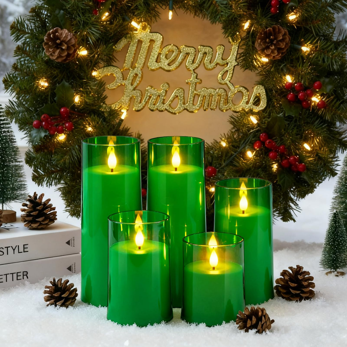 Raycare St. Patrick's Day Flameless Candles Battery Operated with Remote Timer, Acrylic Flickering LED Pillar Candle for Christmas Decoration, Home Decor, Gift for Family and Friend, Green, Set of 5