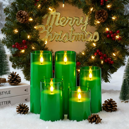 Raycare St. Patrick's Day Flameless Candles Battery Operated with Remote Timer, Acrylic Flickering LED Pillar Candle for Christmas Decoration, Home Decor, Gift for Family and Friend, Green, Set of 5