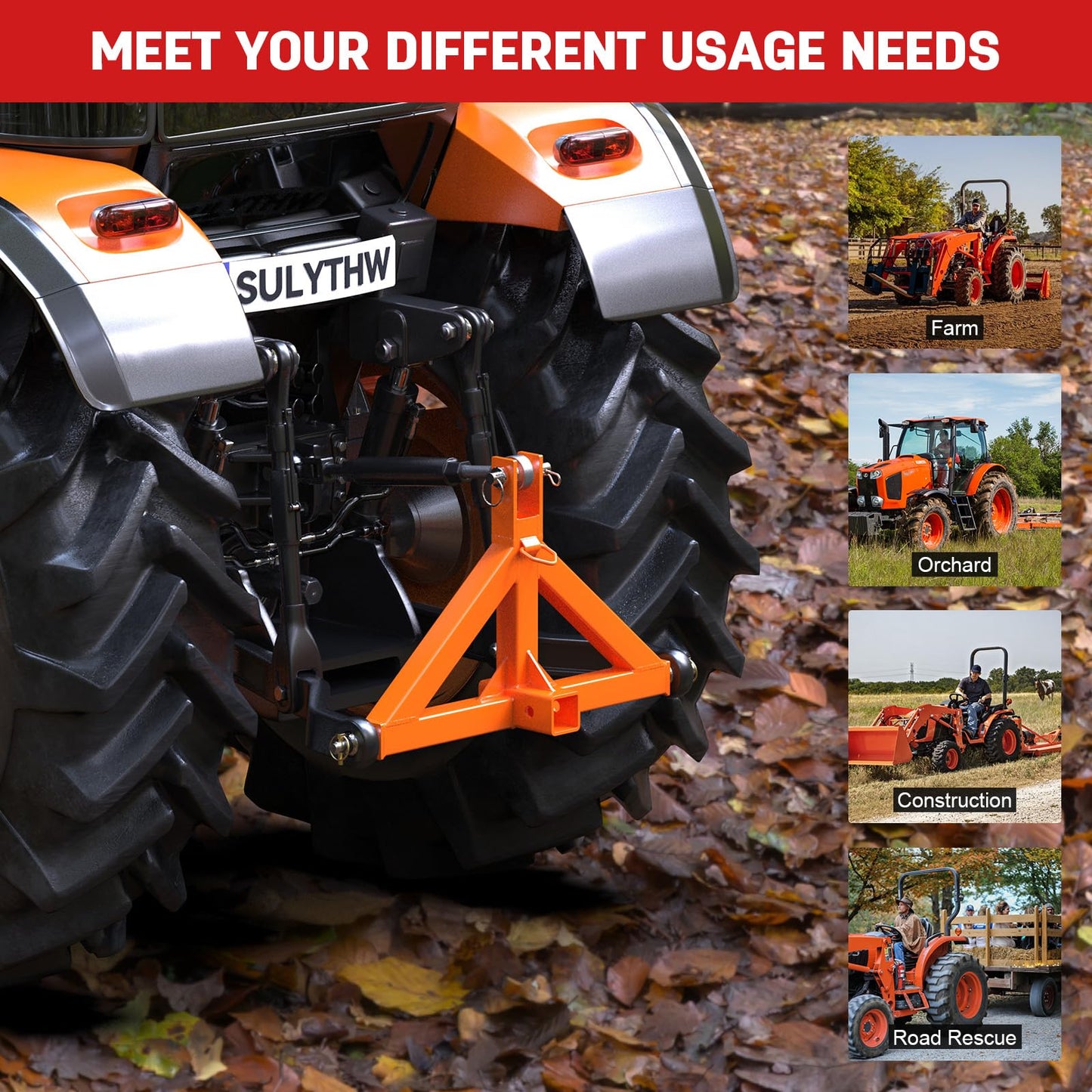 3 Point Trailer Hitch with 2" Receiver Quick Hitch Compatible with Category 1 Tractors, Heavy Duty 3pt Towing Hitch Tractor Drawbar Hitch Adapter for BX, Kubota, John Deere, NorTrac, Kioti(Orange)