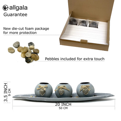 allgala HD90403 Wooden Candle Holder Tray 3 Ball Orbs Set Tealight Centerpiece with Pebbles on Leaf Tray for Coffee Table Dining Table Accents Bowl for Living Room Décor (Green)