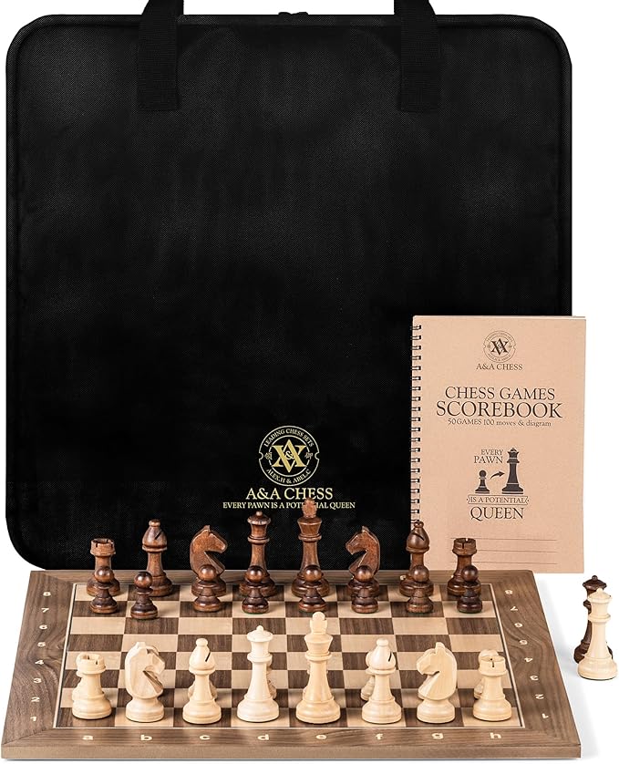 A&ampA Professional Wooden Chess Set 15.5 Wooden Board with 3 Weighted Wooden Chess Pieces with Chess Scorebook and Storage Bag