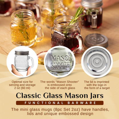 Small Mason Jar Shot Glasses with Lids (8pc Set) 2oz Tiny Glass Jars with Handles for Adult Party Favors, Juice, Alcohol, Unique Funny Shot Glass, Moonshine Shooter, Cute Mini Beer Mug, Christmas Gift