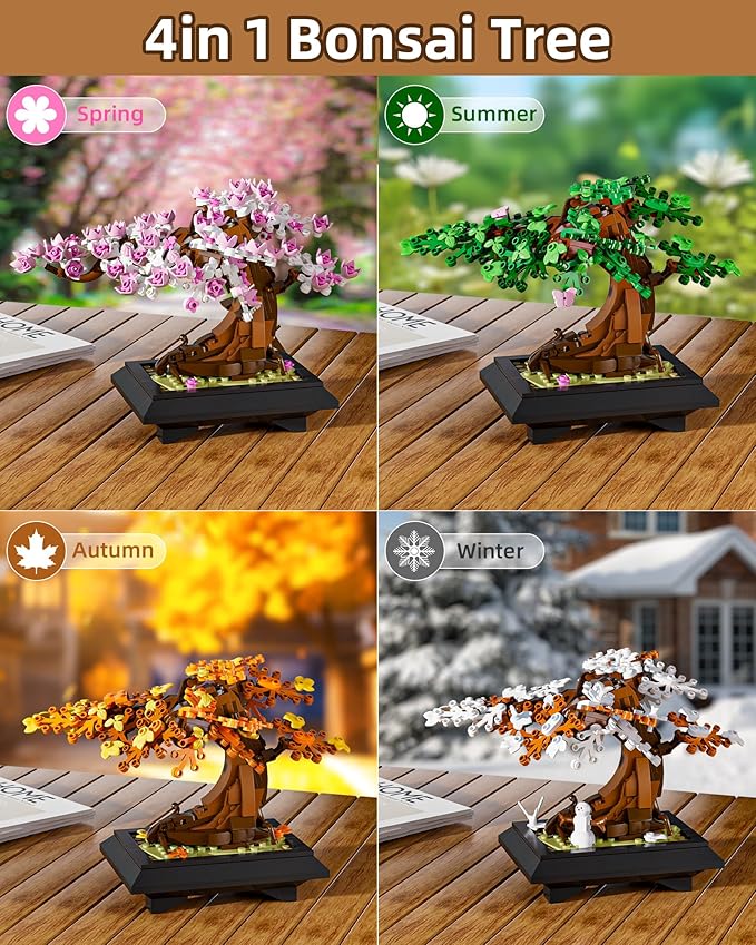 4 in 1 Bonsai Tree Building Set Four Season Cherry Bonsai Tree Building Kit Artificial Plant Decor for Home Desk Greenery Mother's Day Present Xmas Gifts for Adults Girls&ampBoys (529pcs)