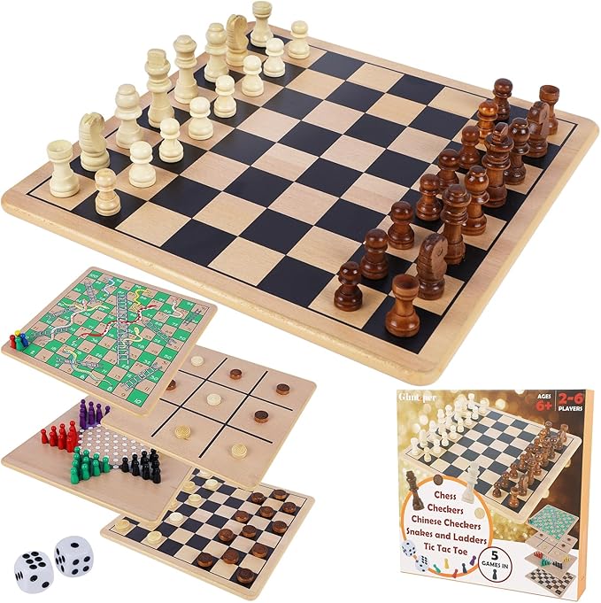 Glintoper 5-in-1 Wooden Board Game with 2 Reversible Boards for Chess Checkers Chinese Checkers Snakes and Ladders Tic Tac Toe Tabletop Combo Classic Portable Board Games for Kids to Adult