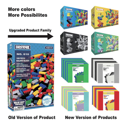 Building Bricks 1000 Pieces in Black, Dark Grey, Light Grey & White, Classic General Building Blocks Toys for Boys & Girls, Bulk Basic Brick Tiles for Adult's Building Projects