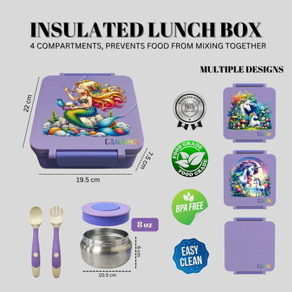 CANAIMA Bento Box for Kids with Thermos -1600ml Leak Proof Lunch Box - Amazing Designs - Microwave-Safe, BPA-Free, Easy to Clean Bento Lunch Box for Kids & Adults - School & Office (Purple Mermaid)