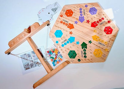Wooden Wahoo Marble Board Game (20 INCH) Double-Sided for 2-6 Players with 24 Marbles and 6 dice. Also Includes Ring Toss Wooden Hook and Ring Gameand Premium Playing Cards.