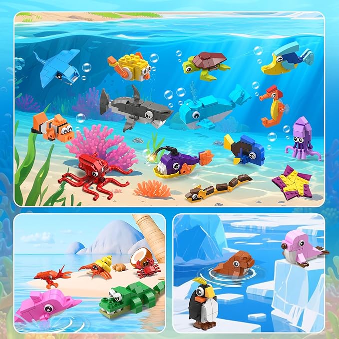30 Pack Animals Easter Party Favors For Kids 824PCS Marine Animal Building Block Sets for Easter Basket Fillers Goodie Bags Stuffer Classroom Prizes Stocking Stuffers Birthday Gifts for Boys Girls 6+