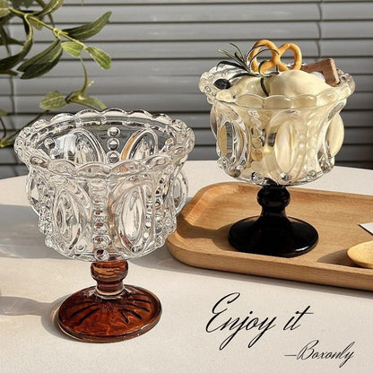 Boxonly Clear Crystal Dessert Goblet Set of 2 - Vintage Style 250ml Embossed Glass, 4.7"x3.9" / 12cmx10cm Footed Cups for Ice Cream & Sweets
