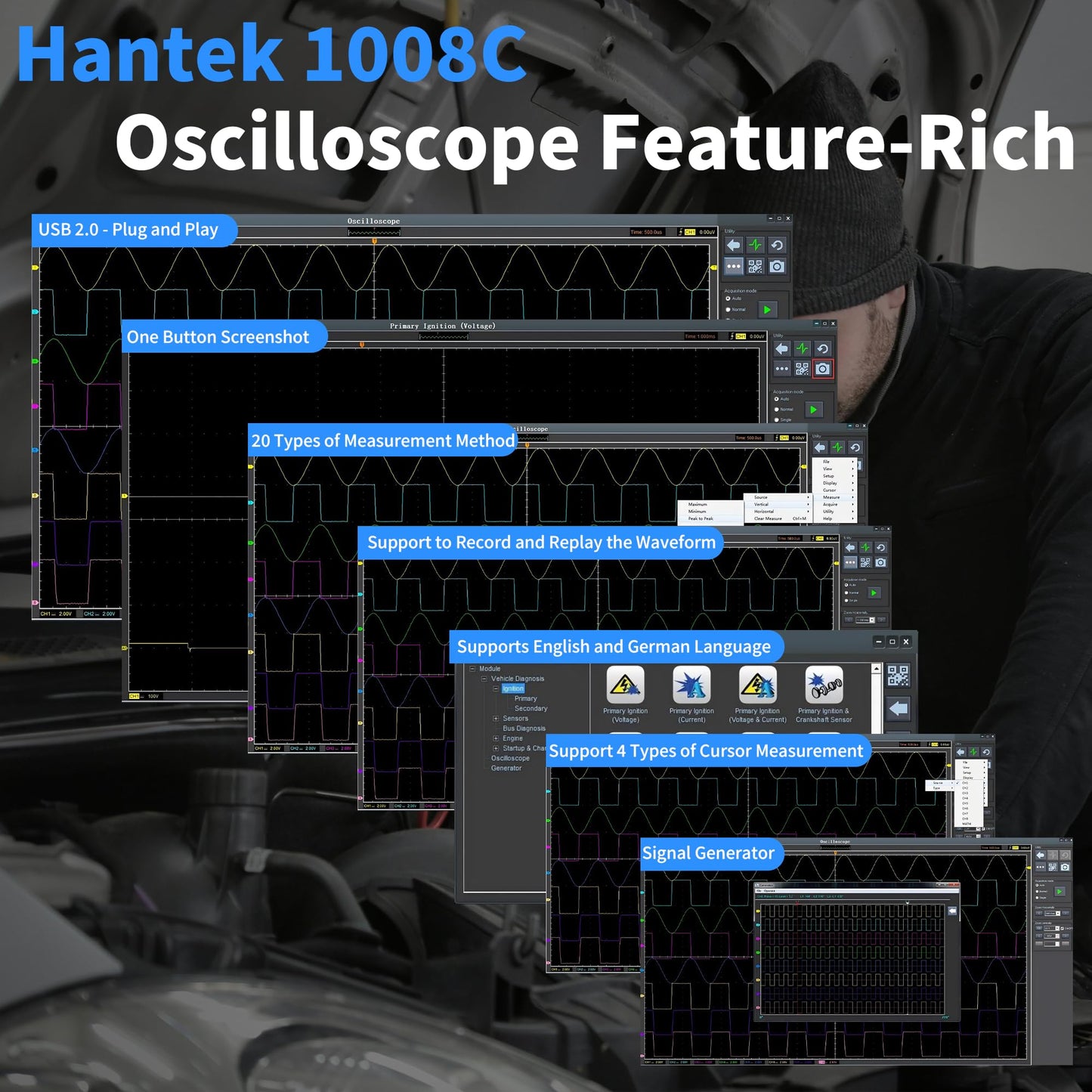 Hantek 1008C PC USB 8CH Automotive Diagnostic Digital Oscilloscope/DAQ/Programmable Generator