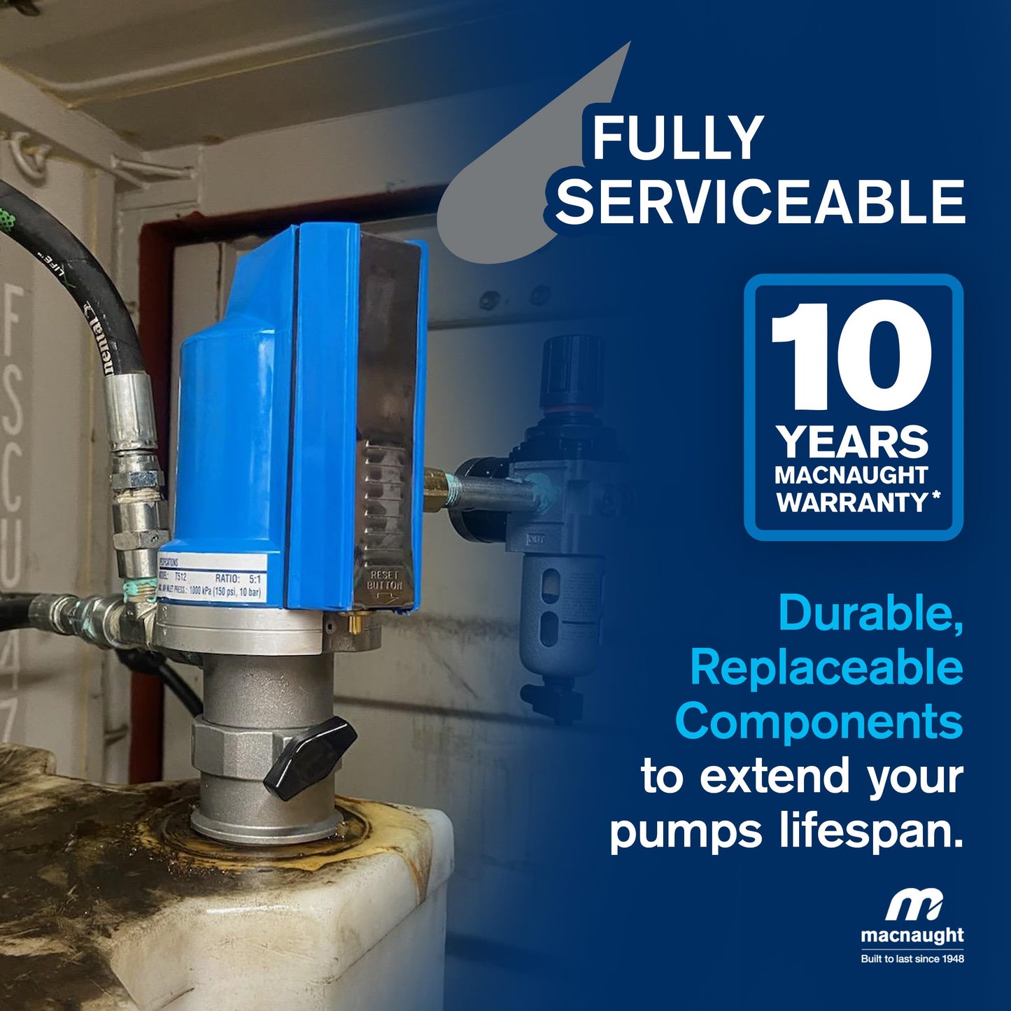 Macnaught Ratio 5:1 Air Operated Pneumatic Oil Transfer Pump. Engine and gear oils up to SAE140, auto trans, hydraulic fluid and anti-freeze/anti-boil (NOT for Gasoline or Diesel)