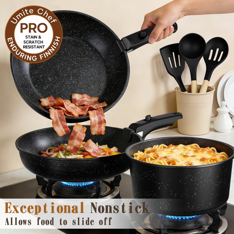 Umite Chef 21Pcs Pots and Pans Set Non Stick, Nonstick Cookware Sets Detachable Handle, Non Toxic Induction RV Kitchen Cooking Set, Dishwasher/Oven Safe, Fridge Safe, Space Saving(Black)