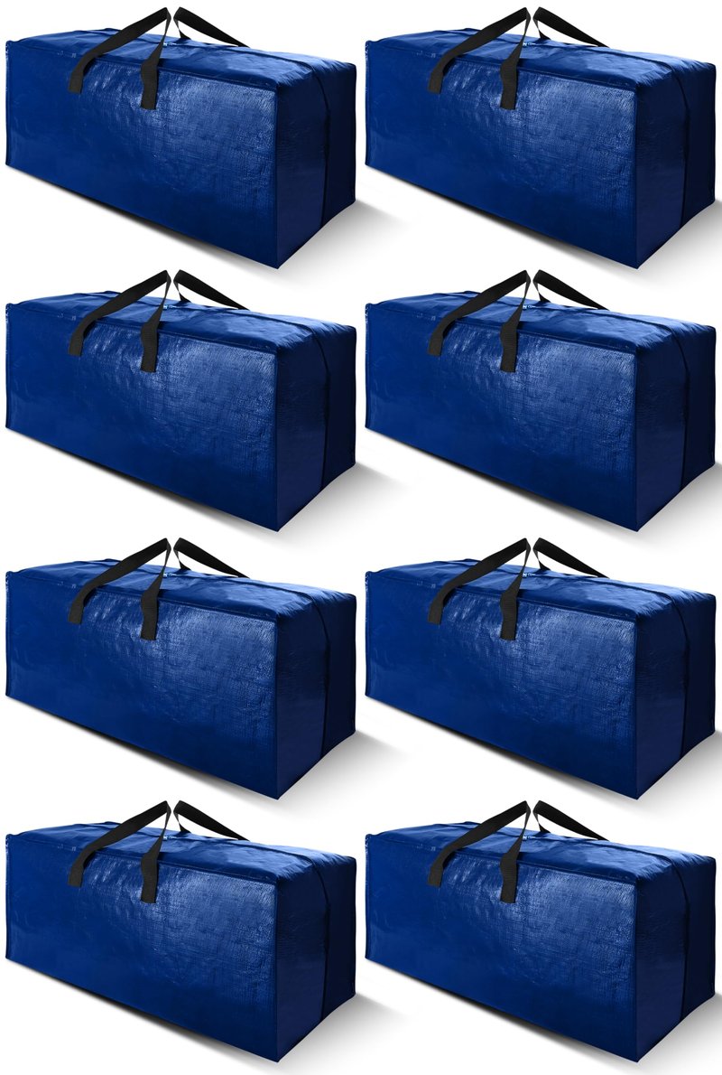 Cosy Family 8 Pack Heavy Duty Extra Large Moving Bags with Backpack Straps - Strong Handles & Zippers, Storage Totes For Space Saving, Fold Flat, Alternative to Moving Box (Set of 8, Blue)