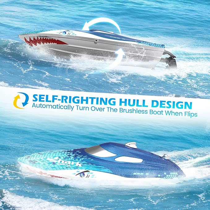 DEERC Full Proportional Remote Control Boat with LED Lights Shark Graffiti 20+ MPH2.4GHz High Speed RC Racing Boats for LakesPool Toys for Kids &amp Adults