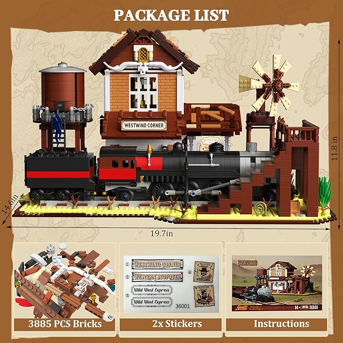 Western Train Station Building Set for Adults 3885 PCS West Steam Train Model Kit with Station Creative Collectible Home Décor Display Kit for Adults and Teens 14+