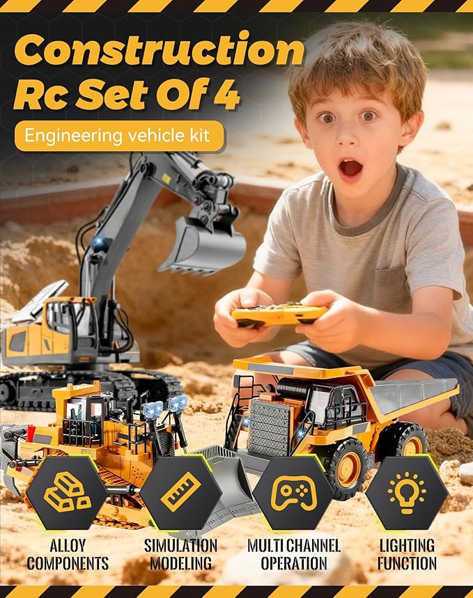 Construction Rc Set of 4 2.4ghz Remote Control Excavator 360° Rotation Lights and Sounds Command The Site Conquer The Dirt Collaborative Experience Alloy Material (4Pcs-ABCD)