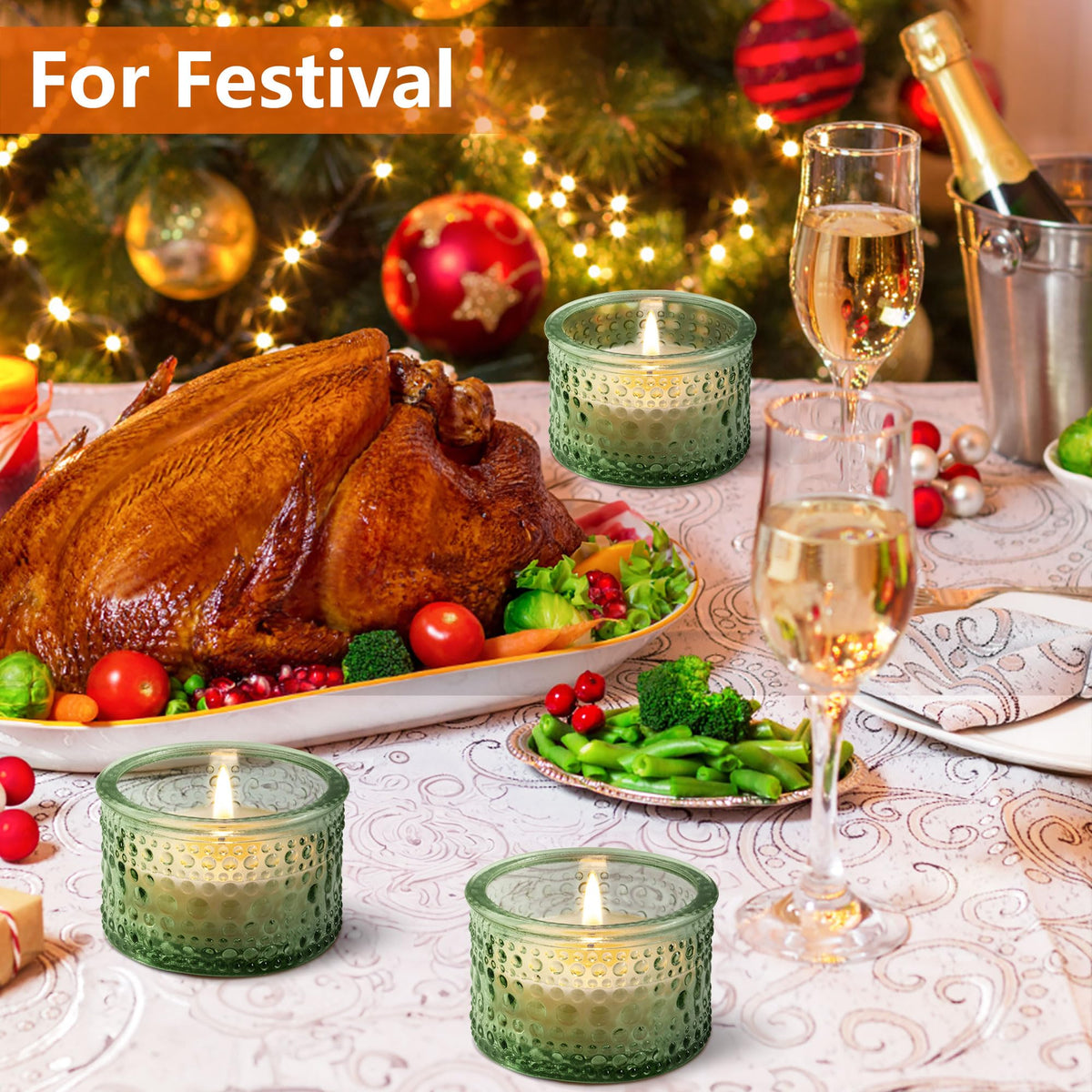 JOYIT Green Votive Candle Holders Bulk Set of 4, Tealight Candle Holder for Wedding Table Centerpiece, Glass Small Candle Holders for Birthday Party, Valentine's Day, Home Decor (2''X 1.4'')