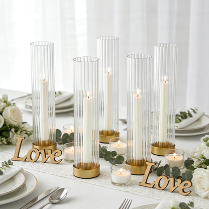 Hurricane Candle Holders Golden Taper Candle Sticks Holder, with 11" Thickened Glass Cylinder Covers Ribbed Candlesticks Holders Bulk Set of 4, Dining Table Centerpiece for Wedding